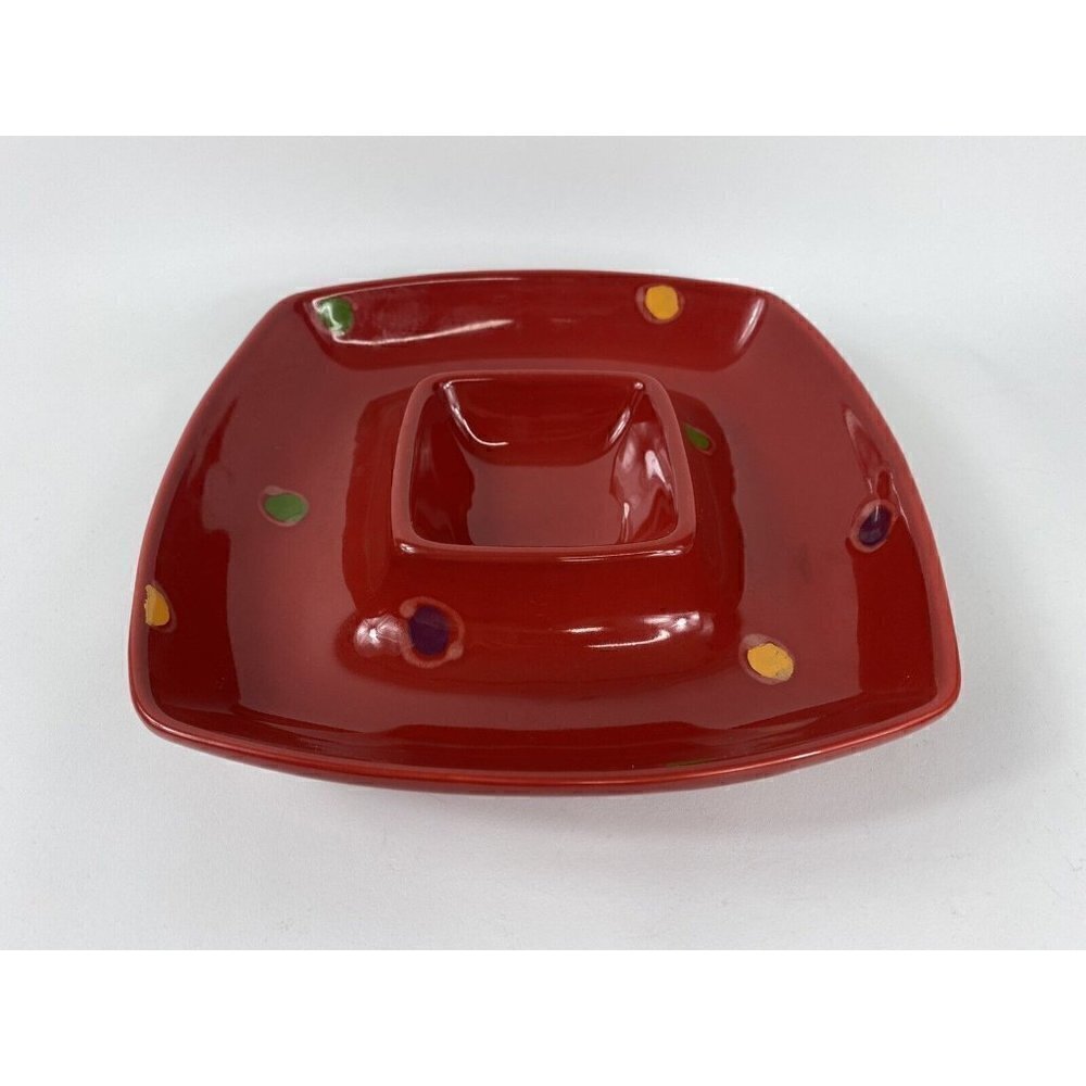Vietri Chip & Dip pottery Serving Bowl Dinner Party Red  With Color Dots